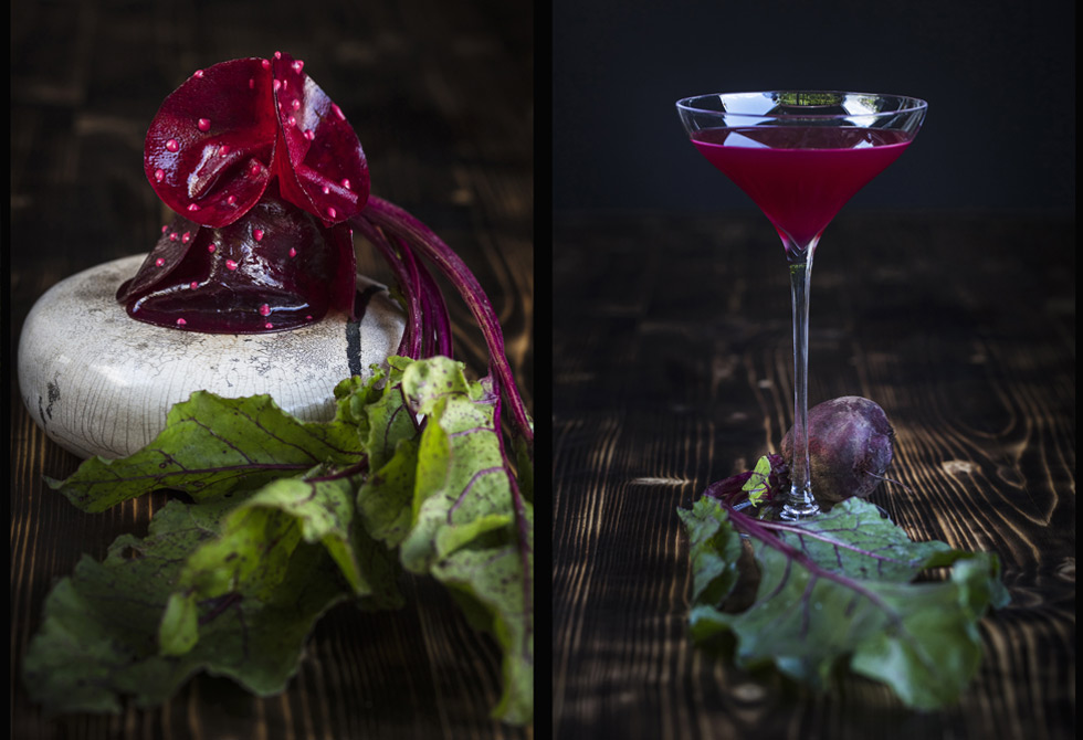 Roasted summer beets, and beet and white currant extract, garden spices infusion